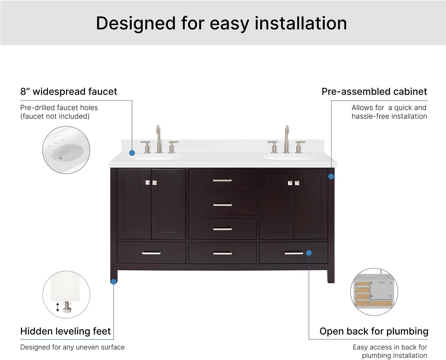 ARIEL Cambridge 66-inch Bathroom Vanity with Sink,Solid Wood, 1.5-inch Carrara White Quartz Countertop & Backsplash, Double Oval Porcelain Sink, 4 Soft Closing Doors, 6 Dovetail Drawers, Espresso