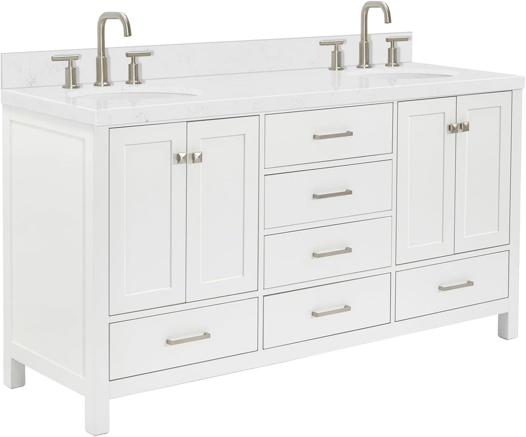 ARIEL Cambridge 66-inch Bathroom Vanity with Sink,Solid Wood, 1.5-inch Carrara White Quartz Countertop & Backsplash, Double Oval Porcelain Sink, 4 Soft Closing Doors, 6 Dovetail Drawers, White
