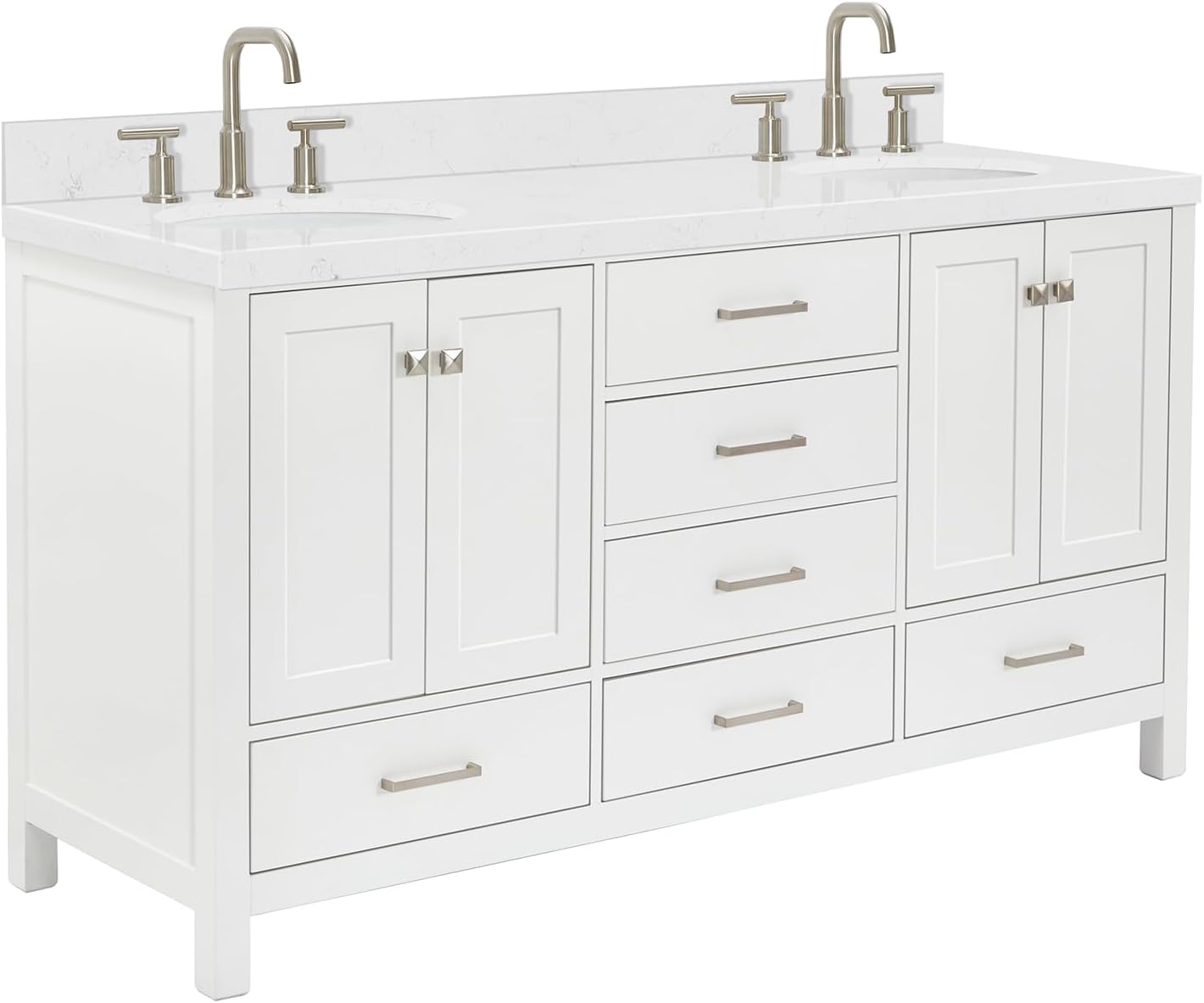 ARIEL Cambridge 66-inch Bathroom Vanity with Sink,Solid Wood, 1.5-inch Carrara White Quartz Countertop & Backsplash, Double Oval Porcelain Sink, 4 Soft Closing Doors, 6 Dovetail Drawers, White