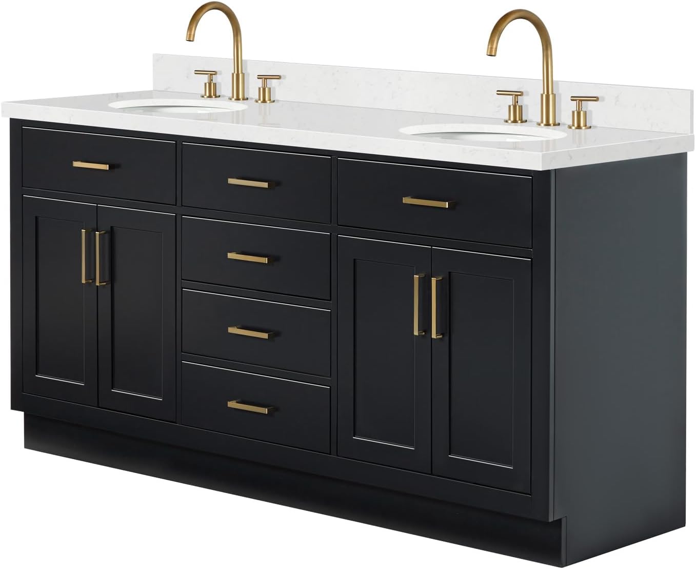ARIEL Hepburn 72-inch Bathroom Vanity with Sink,Solid Wood, 1.5-inch Carrara White Quartz Countertop & Backsplash, Double Oval Porcelain Sink, 4 Soft Closing Doors, 6 Dovetail Drawers, Black