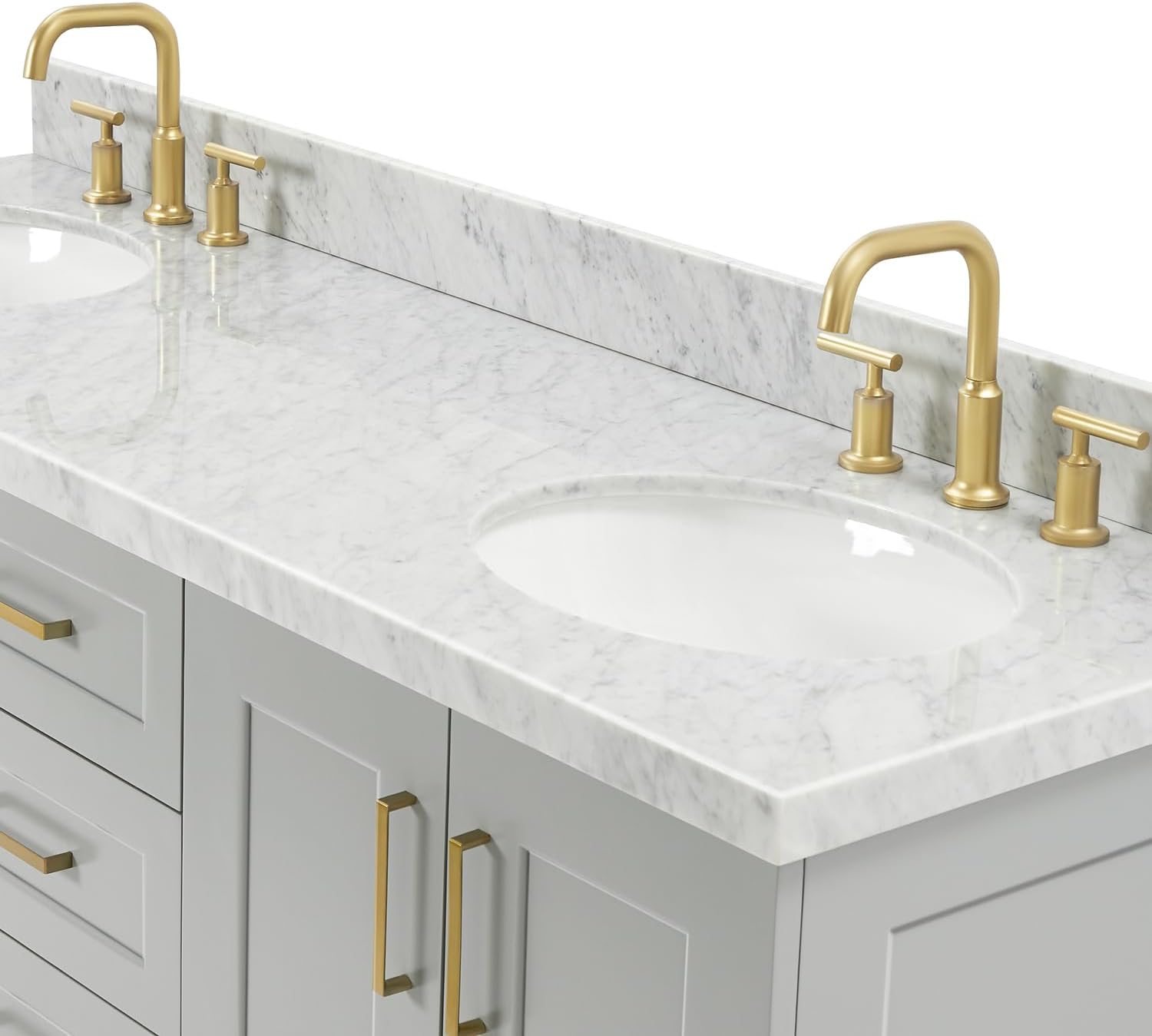 ARIEL Taylor 66-inch Bathroom Vanity with Sink,Solid Wood, 1.5-inch Italian Carrara Marble Countertop & Backsplash, Double Oval Porcelain Sink, 4 Soft Closing Doors, 5 Dovetail Drawers, Grey
