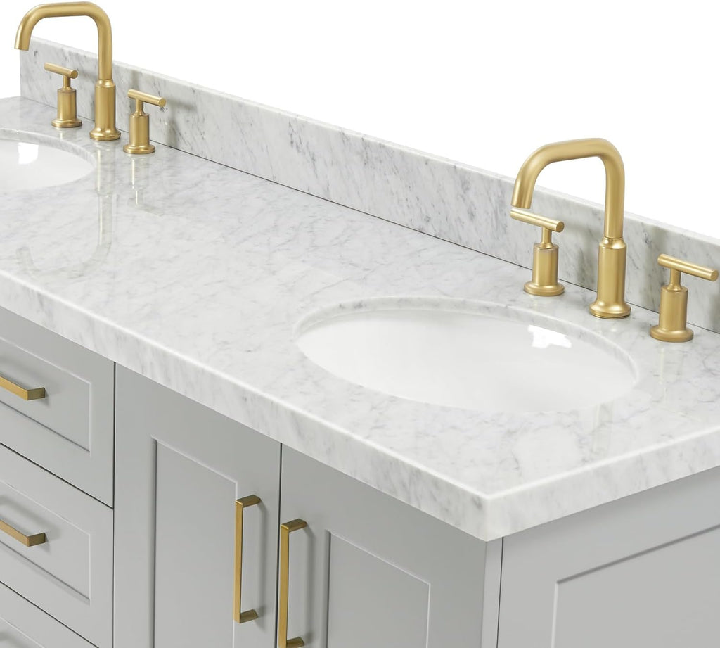 DKB Emilia 66' Grey Double Bathroom Vanity with Sink, 1.5' Edge Italian Carrara Marble Countertop, Oval Undermount Sinks, 4 Soft Closing Doors, 6 Full Extension Dovetail Drawers, Satin Brass