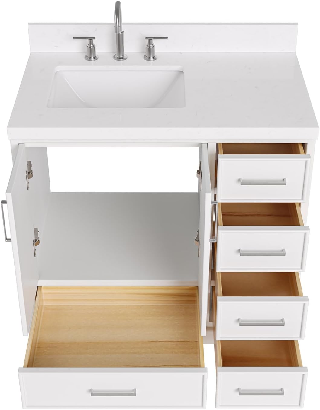 ARIEL Stafford 36-inch Bathroom Vanity with Sink,Solid Wood, 1.5-inch Carrara White Quartz Countertop & Backsplash, Single Rectangular Porcelain Sink, 2 Soft Closing Doors, 5 Dovetail Drawers, Grey