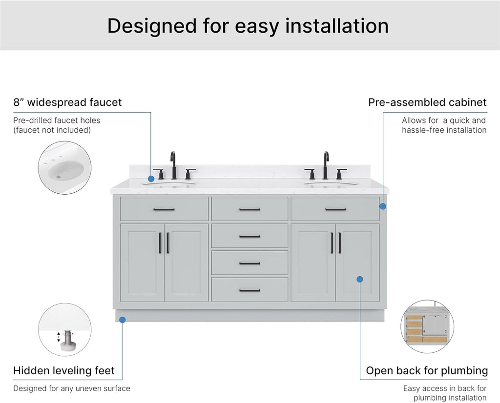ARIEL Hepburn 72-inch Bathroom Vanity with Sink,Solid Wood, 1.5-inch Carrara White Quartz Countertop & Backsplash, Double Oval Porcelain Sink, 4 Soft Closing Doors, 6 Dovetail Drawers, Grey
