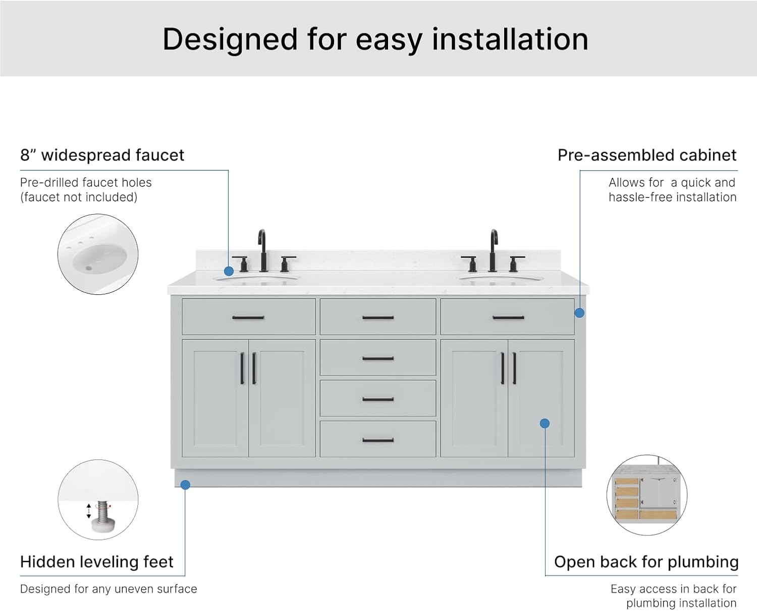 ARIEL Hepburn 72-inch Bathroom Vanity with Sink,Solid Wood, 1.5-inch Carrara White Quartz Countertop & Backsplash, Double Oval Porcelain Sink, 4 Soft Closing Doors, 6 Dovetail Drawers, Grey