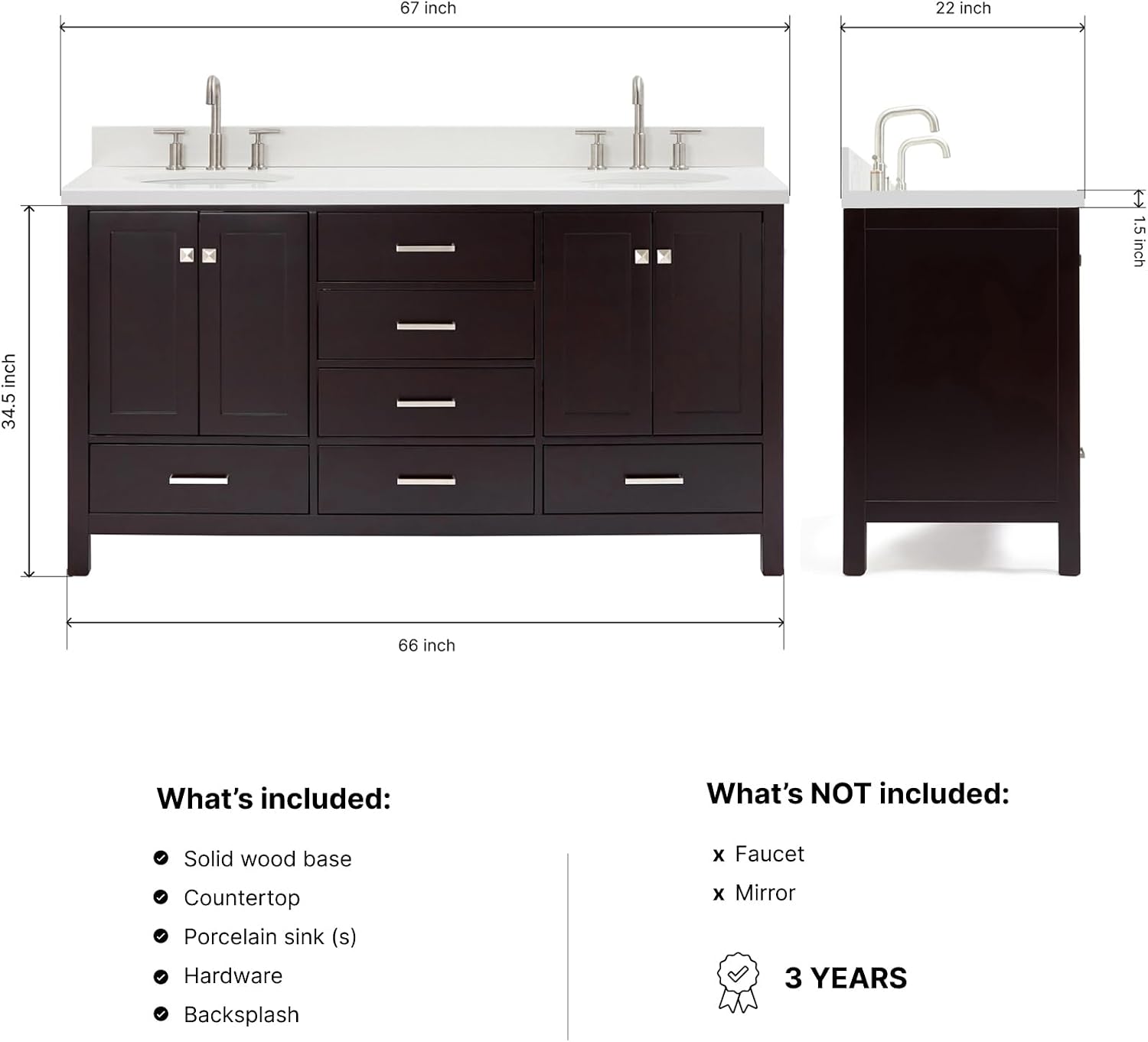 DKB Beckford 66-Inch Espresso Double Bathroom Vanity with 1.5-Inch Edge Pure White Quartz Countertop & Backsplash, 2 Oval Undermount Sinks, 4 Soft Closing Doors, 6 Dovetail Drawers, Brushed Nickel
