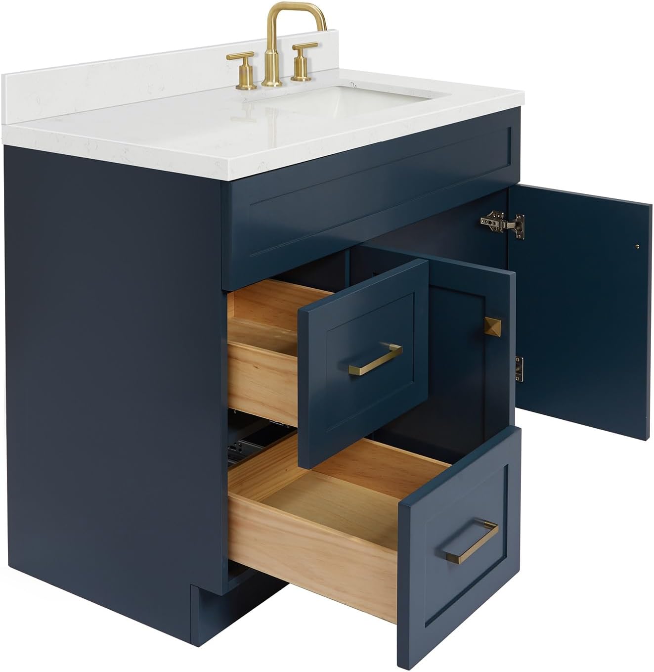 DKB Bradford 42-Inch Midnight Blue Single Bathroom Vanity with Right Rectangular Sink, 1.5' Carrara Quartz Countertop, Solid Wood Frame, Soft Closing Doors & Drawers, Toe Kick, Brushed Nickel