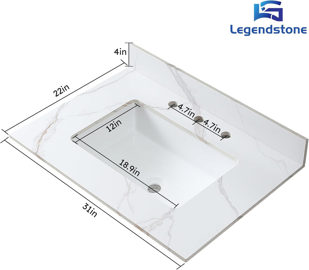 31' Bathroom Vanity Top with Ceramic Undermount Sink & Backsplash,Carrara Gold Sintered Stone Counter Top, 3 Holes Vanity Sink Top