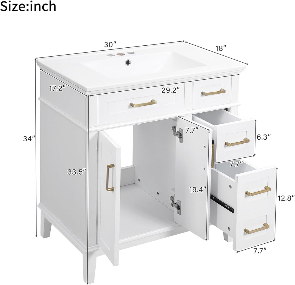 Harper & Bright Designs 30' Bathroom Vanity with Sink, Free Standing Single Basin Vanity Set with 2 Drawers, and Soft-Close Doors, Wood Bathroom Cabinet with Ceramic Basin for Bathroom, White