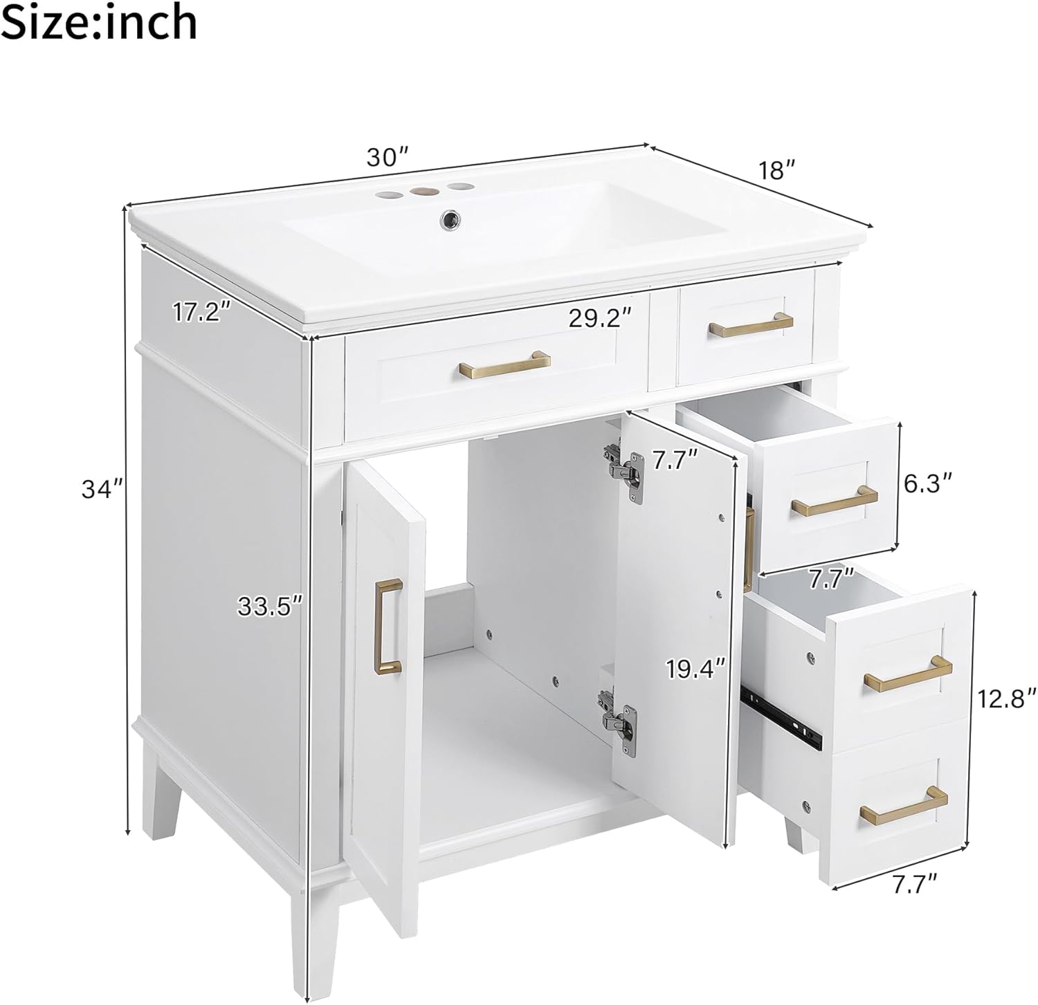 Harper & Bright Designs 30' Bathroom Vanity with Sink, Free Standing Single Basin Vanity Set with 2 Drawers, and Soft-Close Doors, Wood Bathroom Cabinet with Ceramic Basin for Bathroom, White