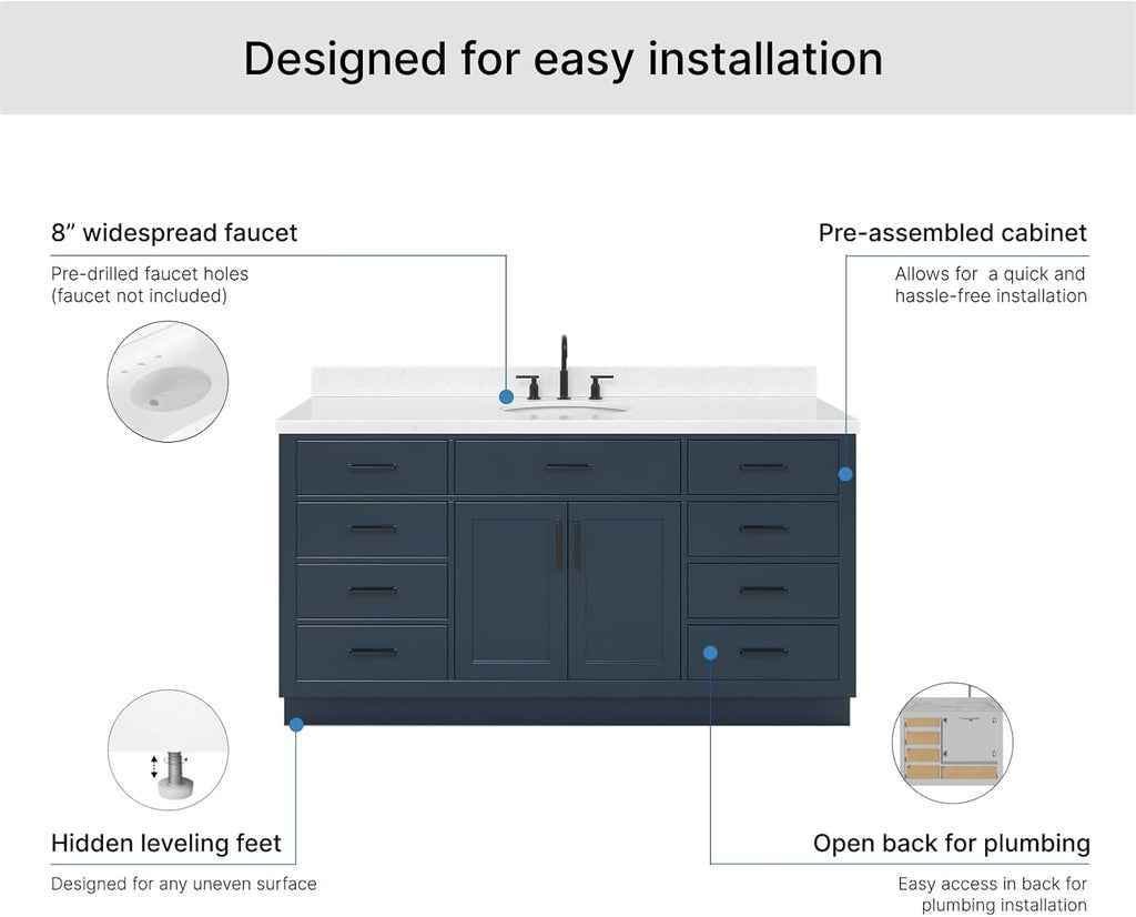ARIEL Hepburn 66-inch Bathroom Vanity with Sink,Solid Wood, 1.5-inch Carrara White Quartz Countertop, Single Oval Porcelain Sink, 2 Soft Closing Doors, 9 Dovetail Drawers, Midnight Blue