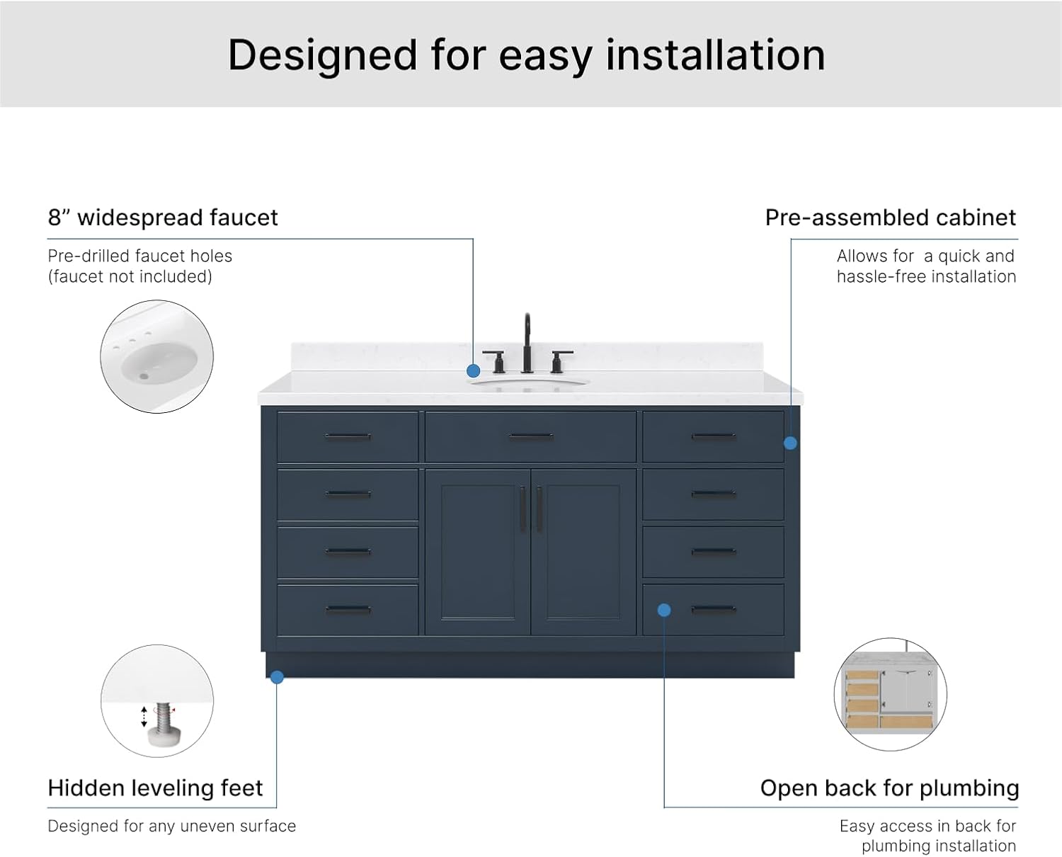 ARIEL Hepburn 66-inch Bathroom Vanity with Sink,Solid Wood, 1.5-inch Carrara White Quartz Countertop, Single Oval Porcelain Sink, 2 Soft Closing Doors, 9 Dovetail Drawers, Midnight Blue