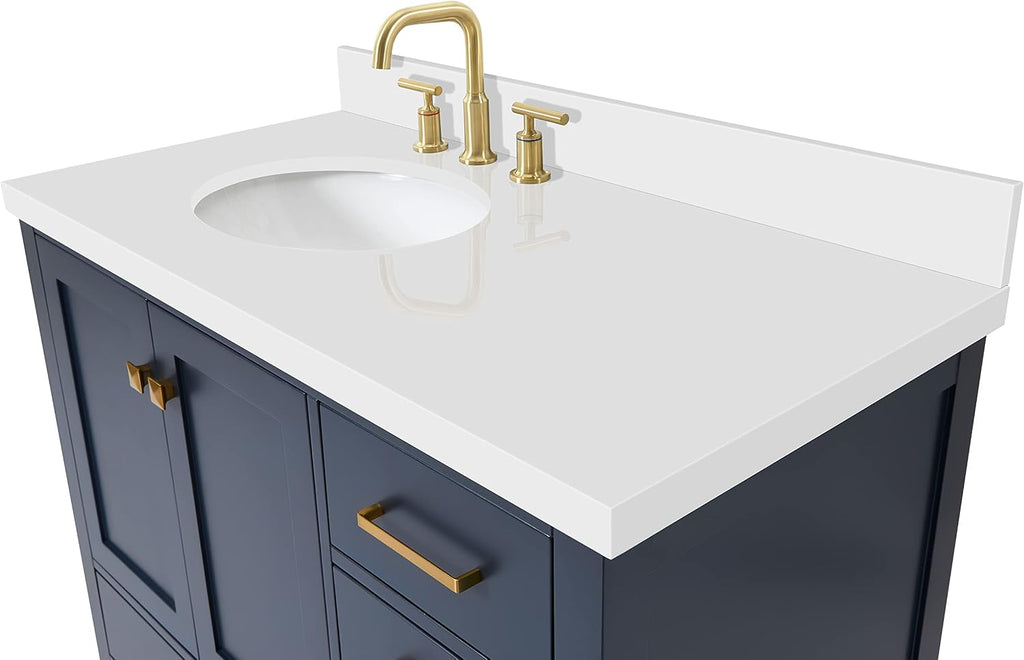 ARIEL Cambridge 42-inch Bathroom Vanity with Sink,Solid Wood, 1.5-inch Pure White Quartz Countertop & Backsplash, Single Oval Porcelain Sink, 2 Soft Closing Doors, 5 Dovetail Drawers, Midnight Blue