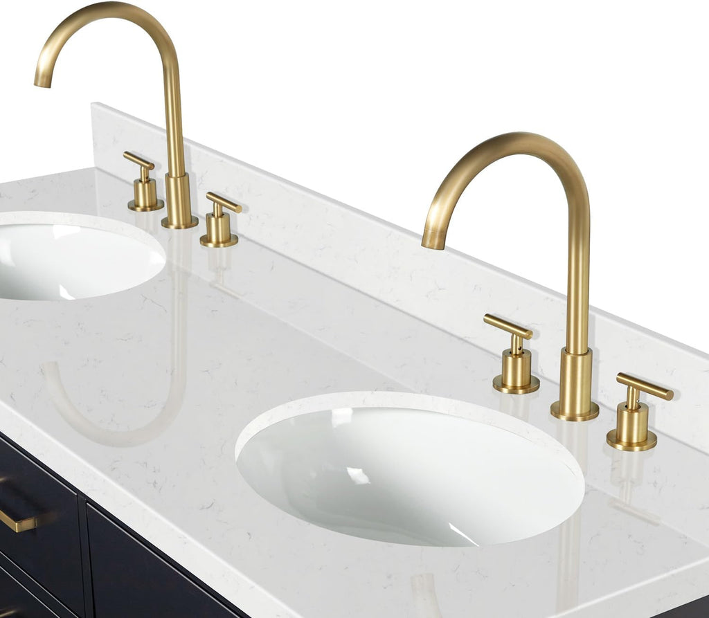 ARIEL Hepburn 60-inch Bathroom Vanity with Sink,Solid Wood, 1.5-inch Carrara White Quartz Countertop & Backsplash, Double Oval Porcelain Sink, 4 Soft Closing Doors, 6 Dovetail Drawers, Black