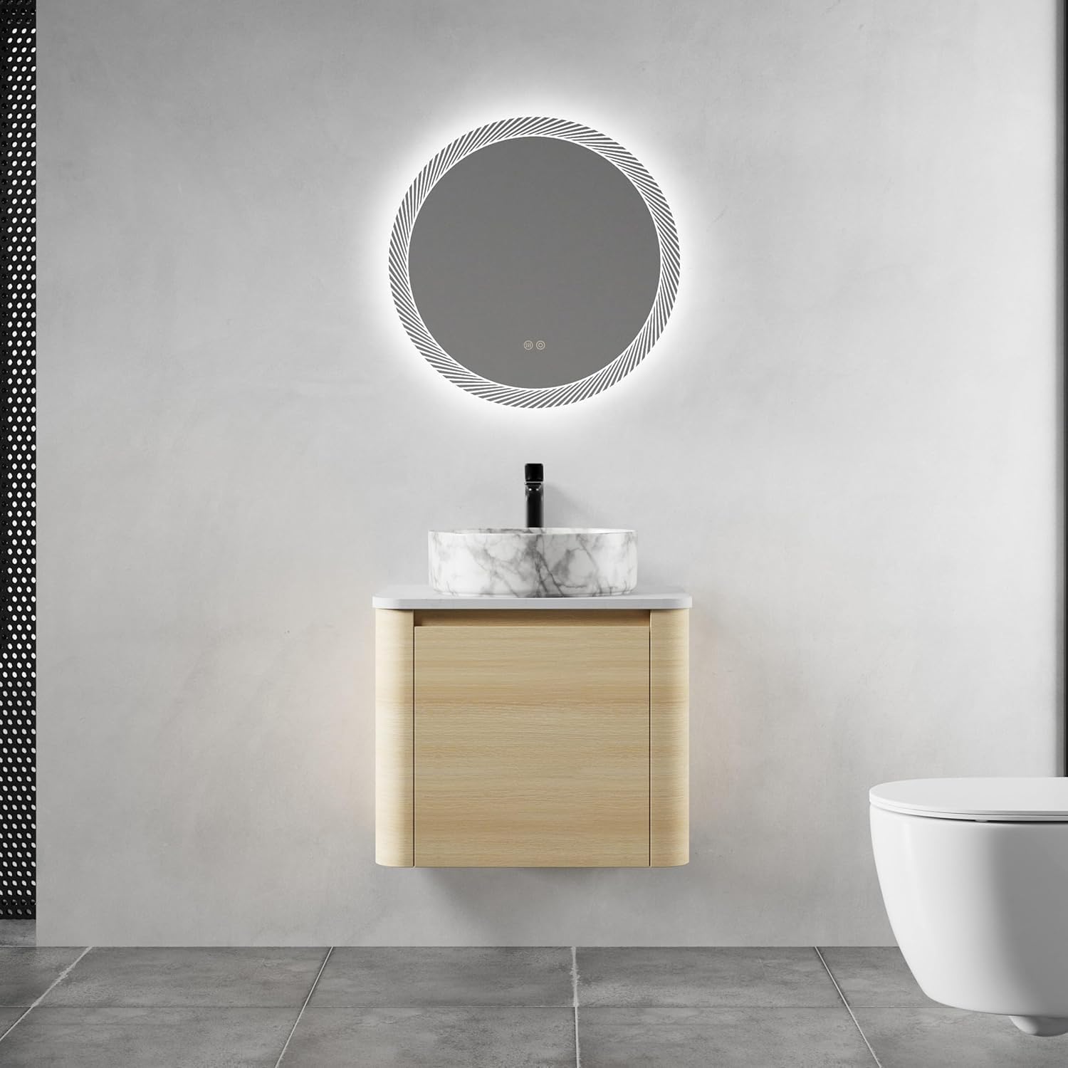 24 Inch Wall-Mounted Bathroom Vanity with Sink Combo Modern Floating Bathroom Vanitites with Round Ceramic Vessel Sink 24' Bathroom Sink Cabinet with Marble Counter Top & Soft Closing Door