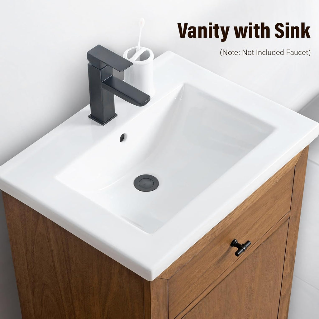 HOMEBEYOND 24' Bathroom Vanity with Single Sink & Ceramic Top, MDF Material Vanity Cabinet with Basin Combo, Soft-Closing Doors, Removable Shelf, Backsplash,Tan