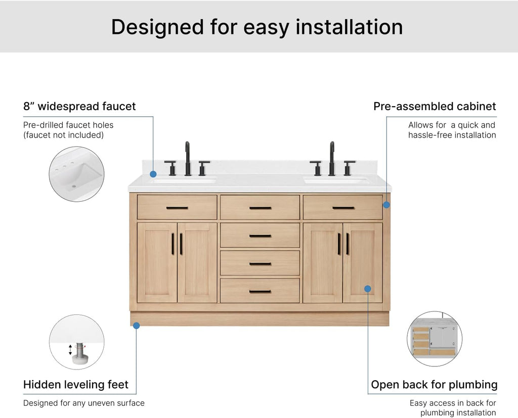 ARIEL Hepburn 66-inch Bathroom Vanity with Sink,Solid Wood, 1.5-inch Carrara White Quartz Countertop, Double Rectangular Porcelain Sink, 4 Soft Closing Doors, 6 Dovetail Drawers, White Oak
