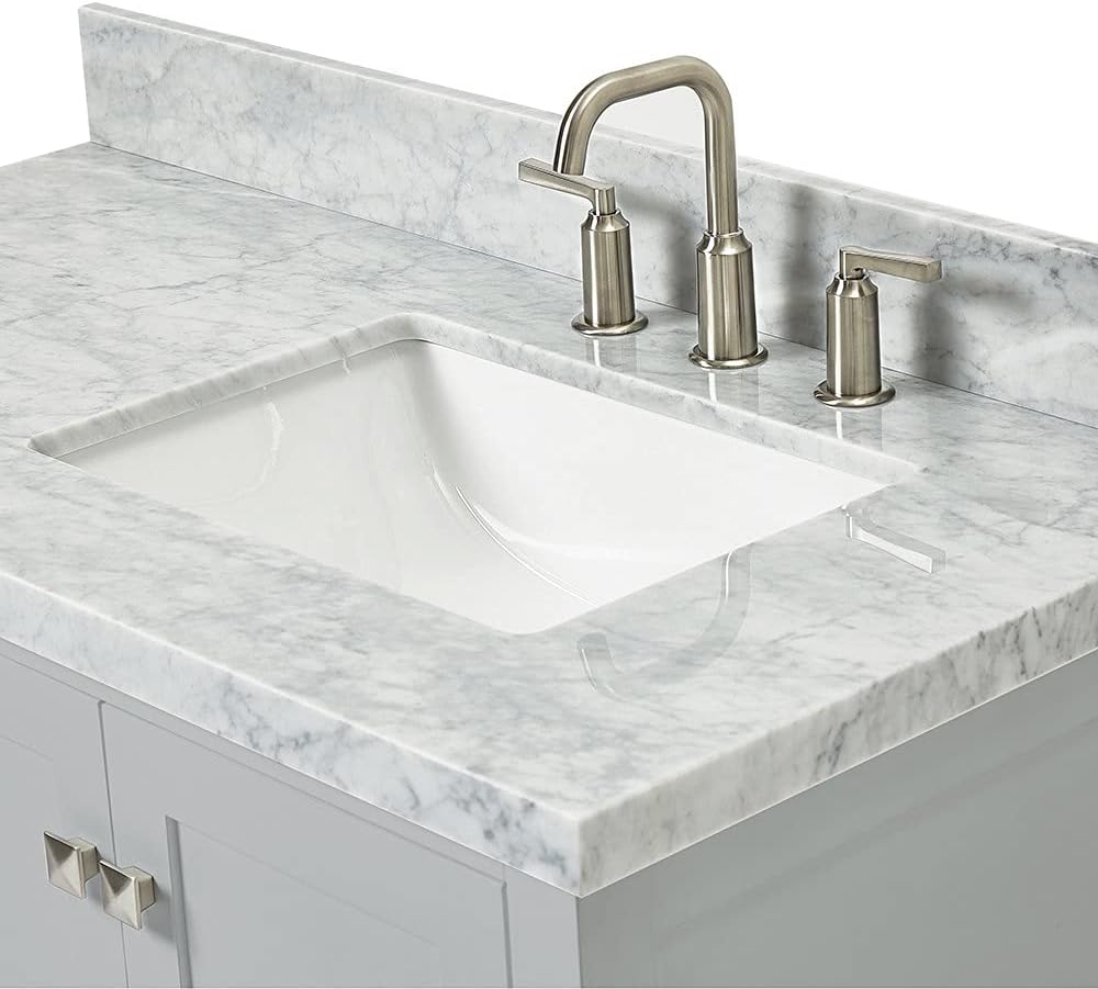DKB Beckford 42-Inch Grey Bathroom Vanity with Right Offset Rectangular Undermount Sink, Italian Carrara White Marble Countertop, 2 Soft Closing Doors, 5 Dovetail Drawers, No Mirror