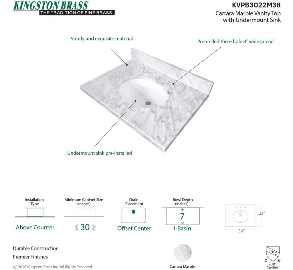 Kingston Brass KVPB3022M38 Fauceture Templeton Vanity with Tops with 17' x 14' Undermount Sink, 30' L x 22' W x 12-1/4' D, Carrara Marble White