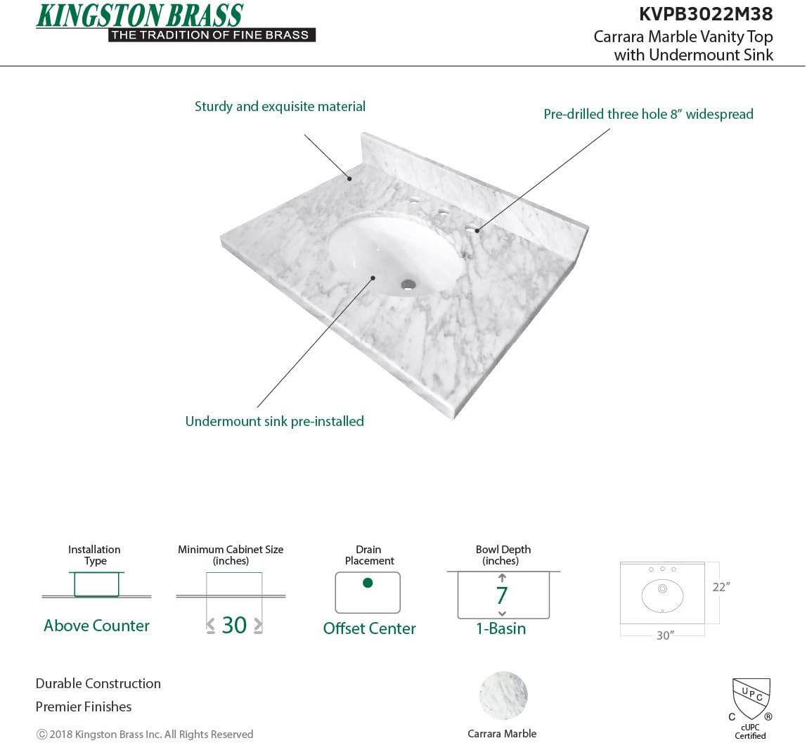 Kingston Brass KVPB3022M38 Fauceture Templeton Vanity with Tops with 17' x 14' Undermount Sink, 30' L x 22' W x 12-1/4' D, Carrara Marble White