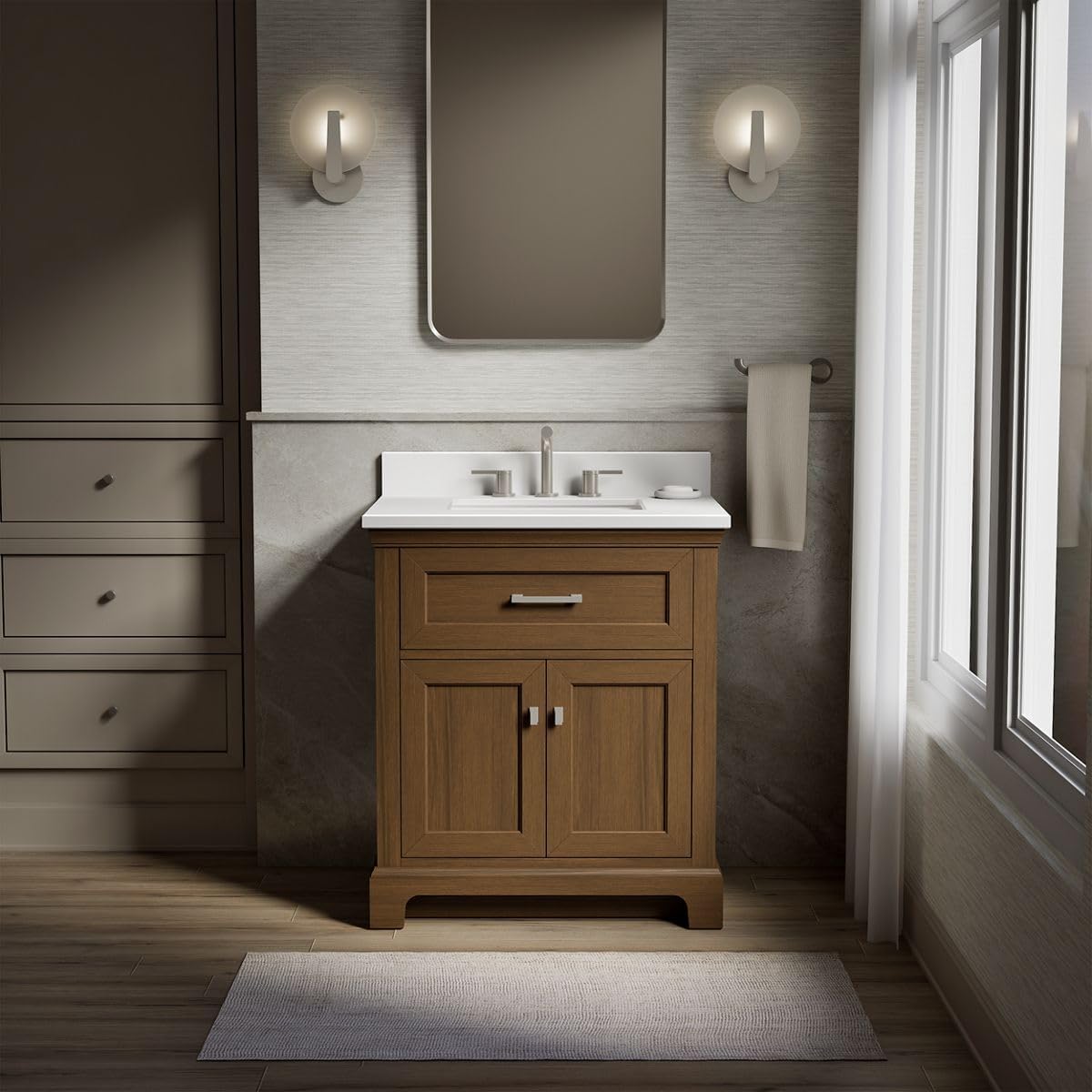 Kohler 29260-BD1-DAK Charlemont 30 in. Bathroom Vanity Cabinet with Sink and Quartz top, Draper Oak