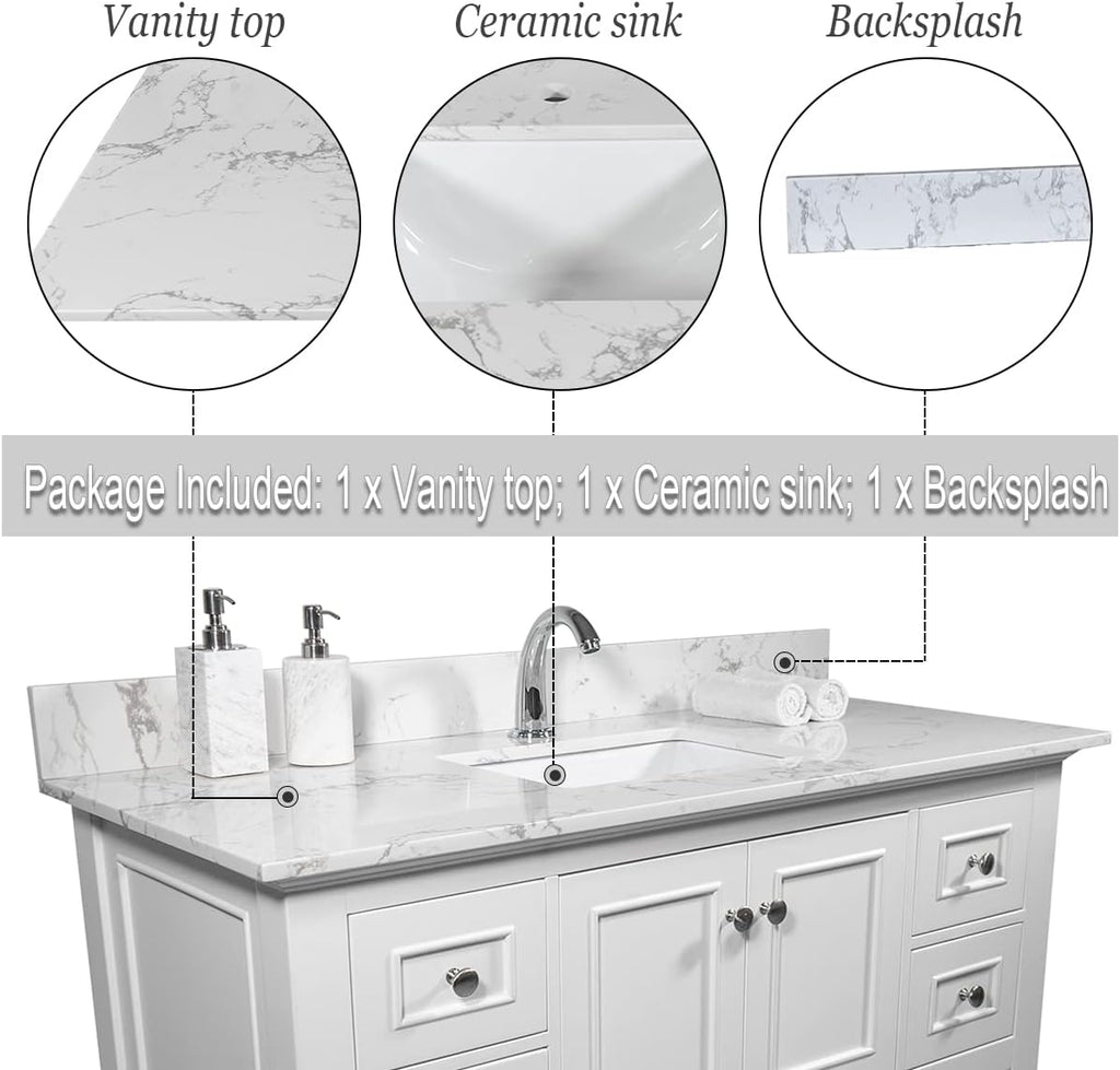 43 Inch Marble Vanity Top with Sink, Engineered Stone Vanity Sink Top with Undermount Ceramic Sink & Backsplash, Single Hole Countertops for Bathroom (Carrara White)