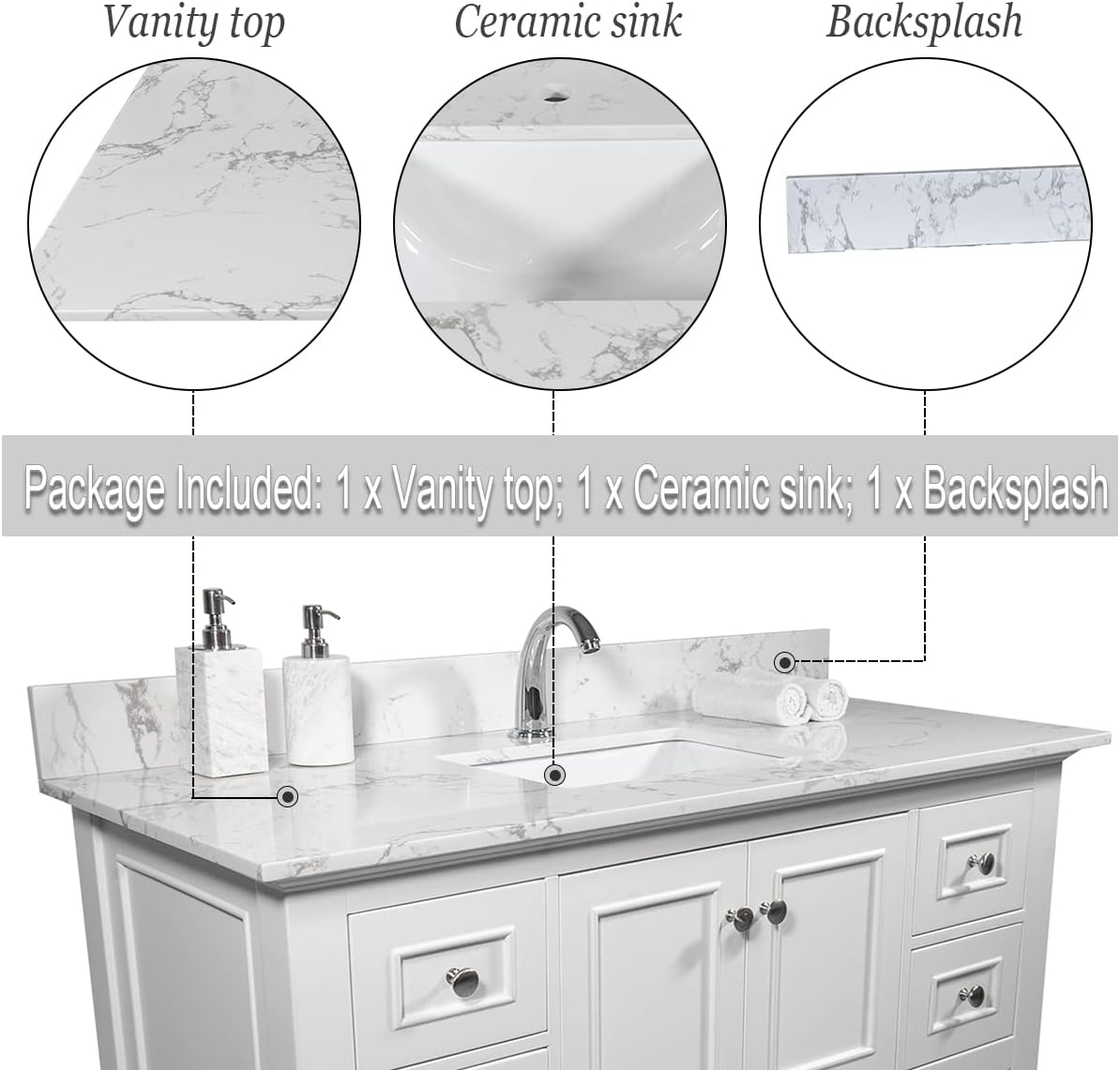 43 Inch Marble Vanity Top with Sink, Engineered Stone Vanity Sink Top with Undermount Ceramic Sink & Backsplash, Single Hole Countertops for Bathroom (Carrara White)