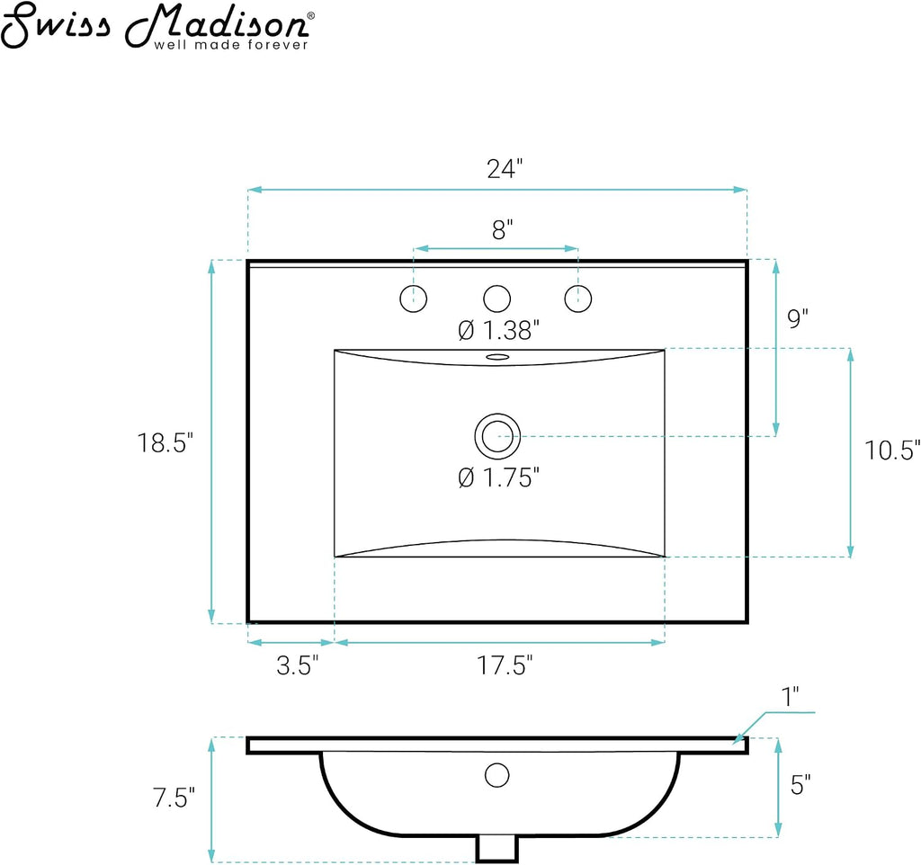 24' Ceramic Vanity Top with 8' Widespread Faucet Holes in Matte Black