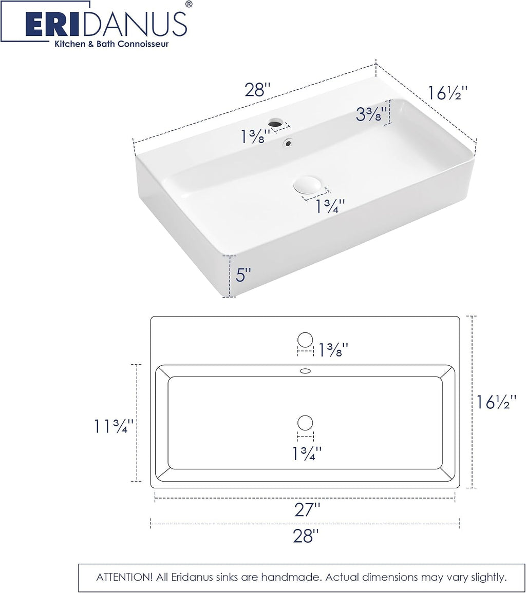 Rectangle Bathroom Vessel Sink 28' x 16.5', Eridanus Wall Mount Sink Ceramic Porcelain, Modern Above Counter Sink White Floating Lavatory Vanity Trough Art Basin with Overflow