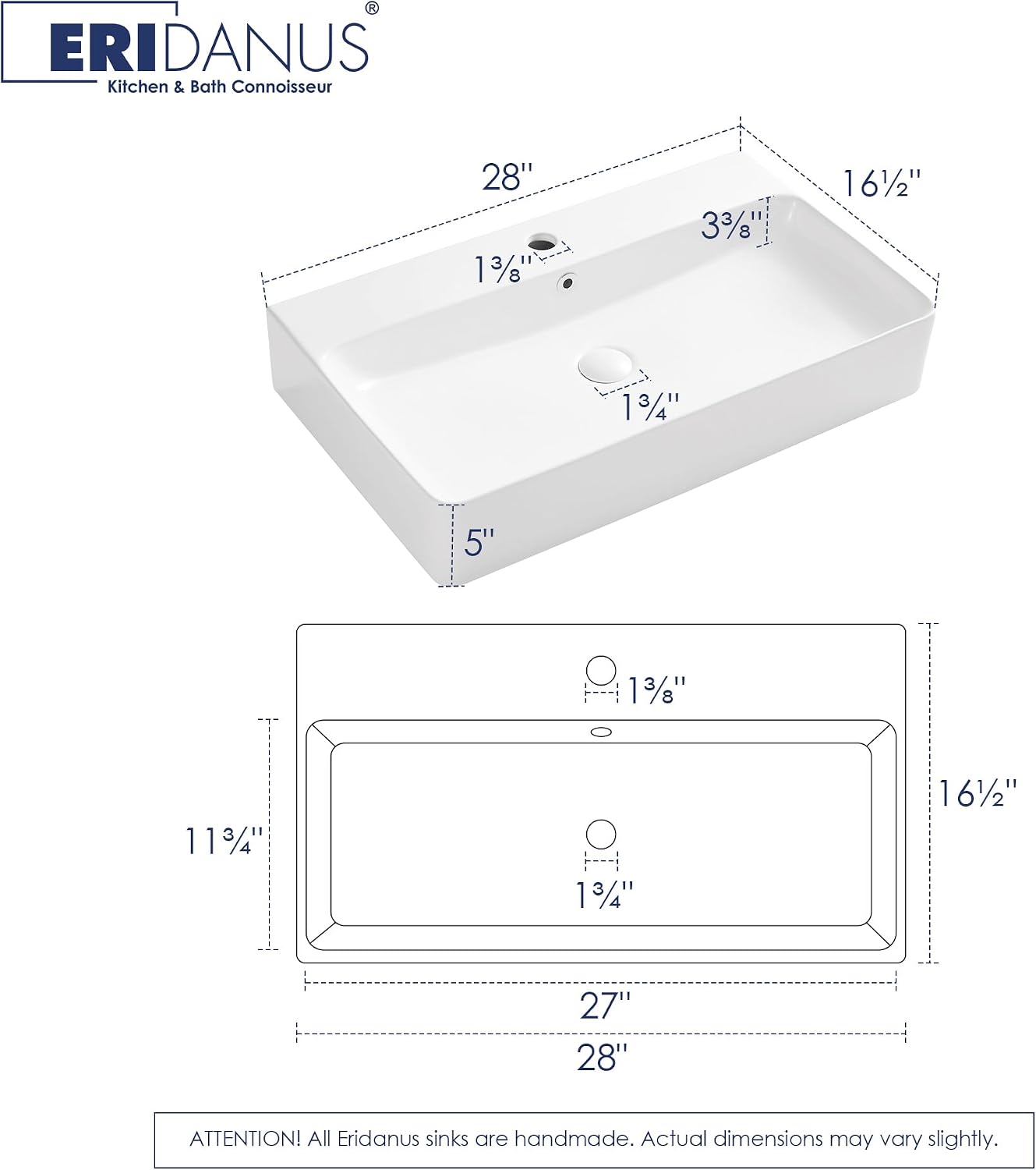 Rectangle Bathroom Vessel Sink 28' x 16.5', Eridanus Wall Mount Sink Ceramic Porcelain, Modern Above Counter Sink White Floating Lavatory Vanity Trough Art Basin with Overflow