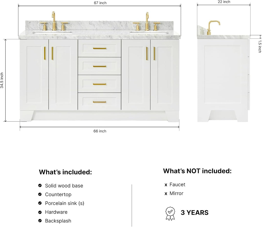 ARIEL Taylor 66-inch Bathroom Vanity with Sink,Solid Wood, 1.5-inch Italian Carrara Marble Countertop, Double Rectangular Porcelain Sink, 4 Soft Closing Doors, 5 Dovetail Drawers, White