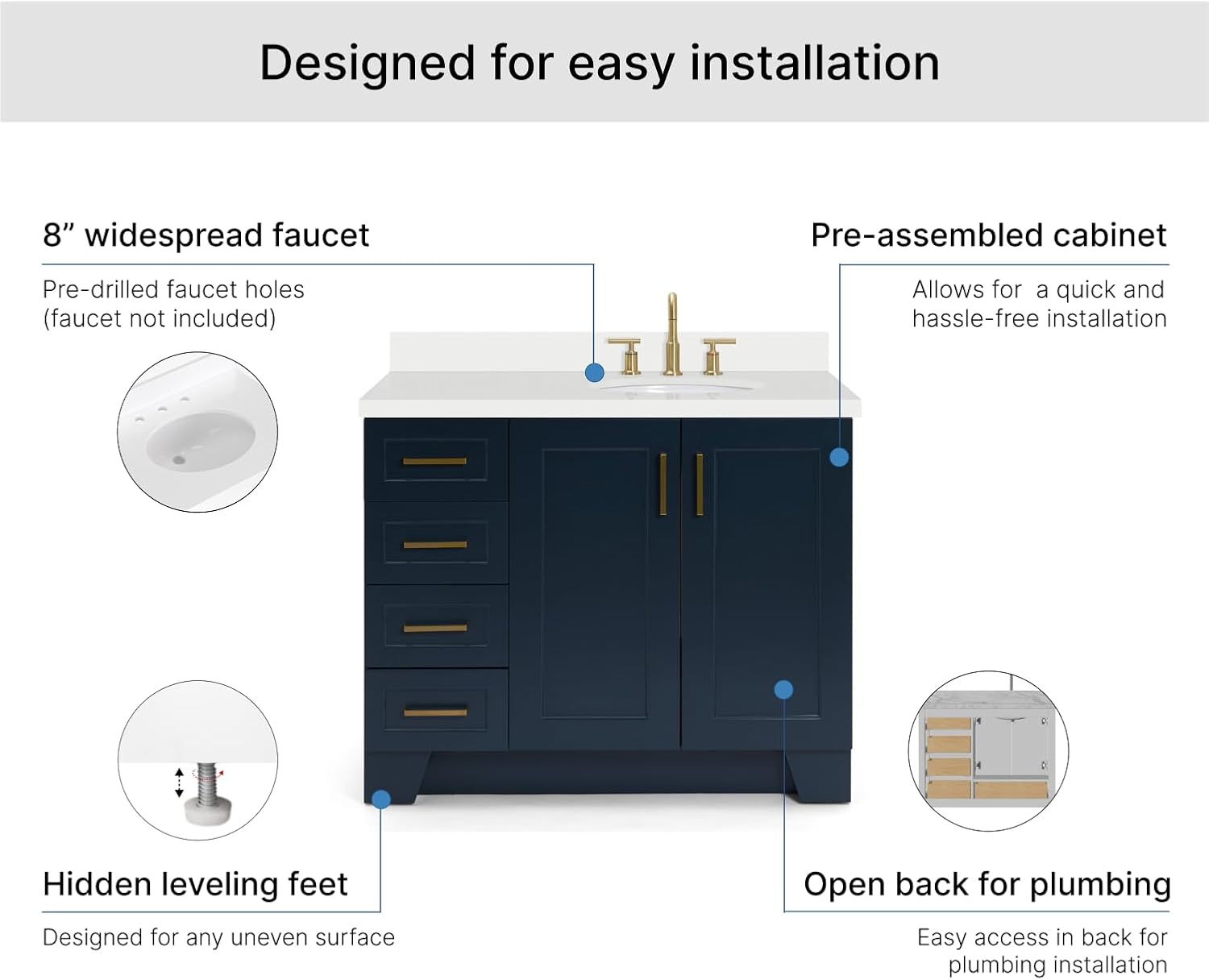 ARIEL Taylor 42-inch Bathroom Vanity with Sink,Solid Wood, 1.5-inch Pure White Quartz Countertop & Backsplash, Single Oval Porcelain Sink, 2 Soft Closing Doors, 5 Dovetail Drawers, Midnight Blue