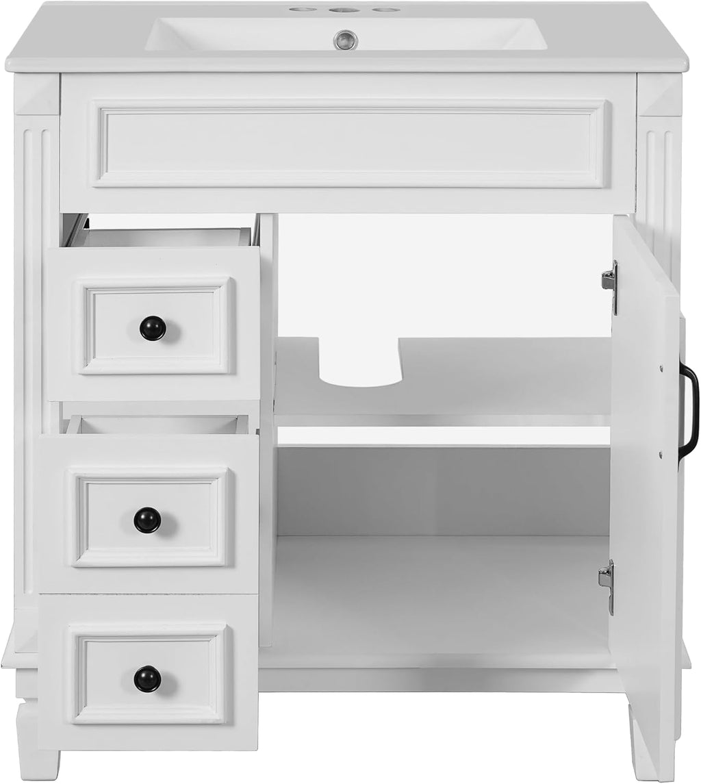 30 Inch White Bathroom Vanity with Sink & & Black Handles,Modern Bathroom Vanity with 2 Left Hand Drawers & Adjustable Shelf,Soft Closing Doors,Solid Wood Frame,French Embossed Front