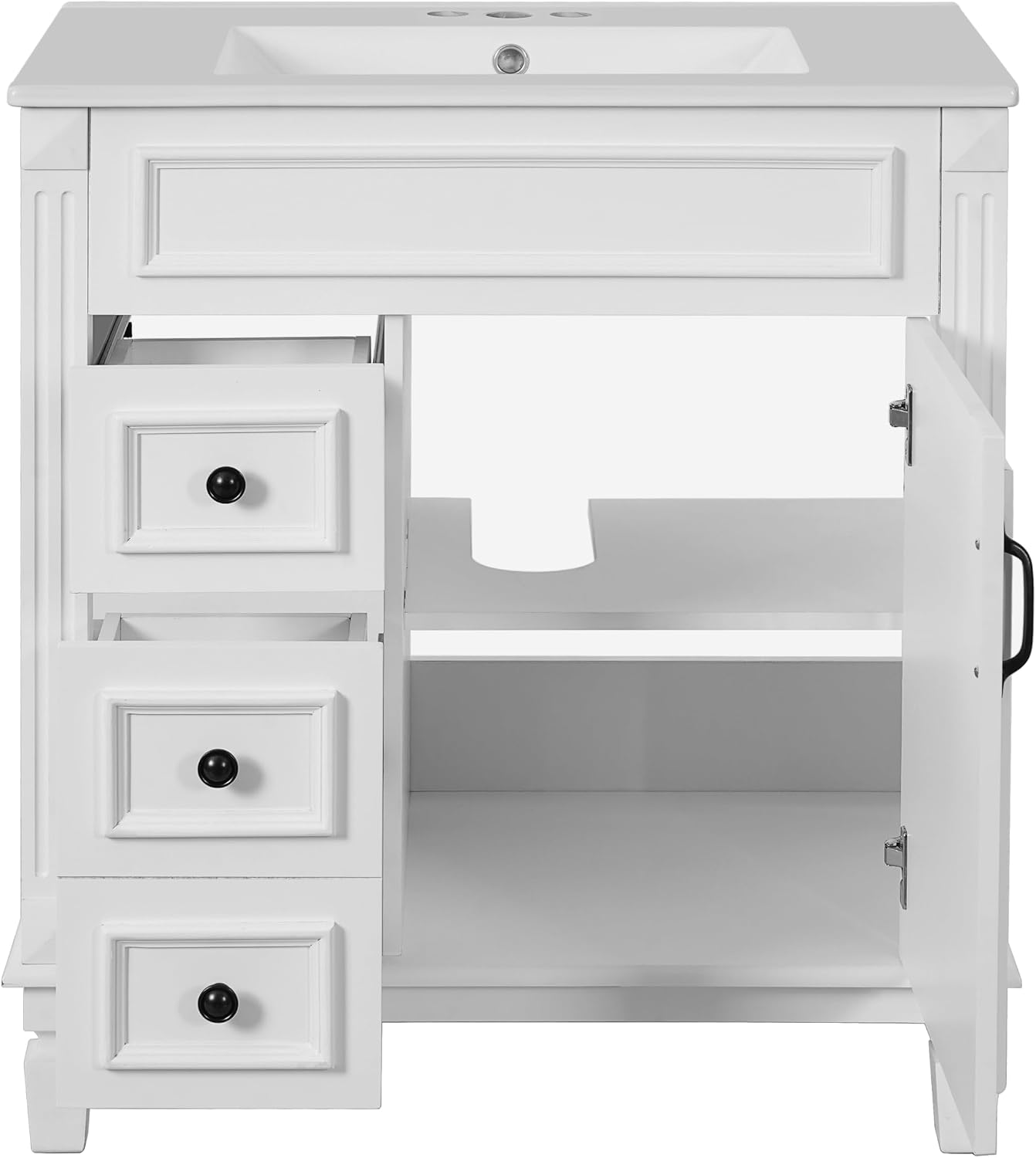 30 Inch White Bathroom Vanity with Sink & & Black Handles,Modern Bathroom Vanity with 2 Left Hand Drawers & Adjustable Shelf,Soft Closing Doors,Solid Wood Frame,French Embossed Front
