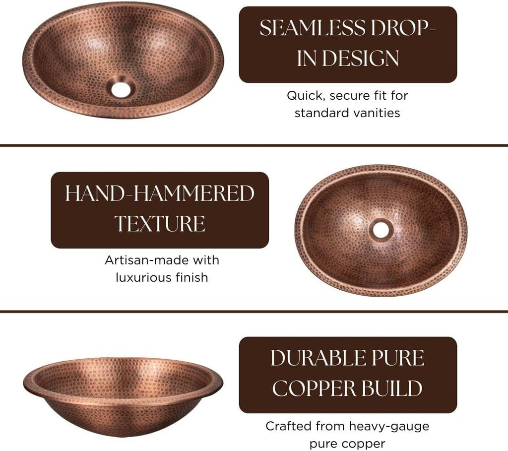Monarch Abode Bathroom Sink – 17-Inch Oval Drop In Bathroom Sink, Top Mount Hand Hammered Pure Copper Vanity Sinks for Countertop, Powder Room, Guest Bath or Restroom, Drop in Sinks for Bathrooms