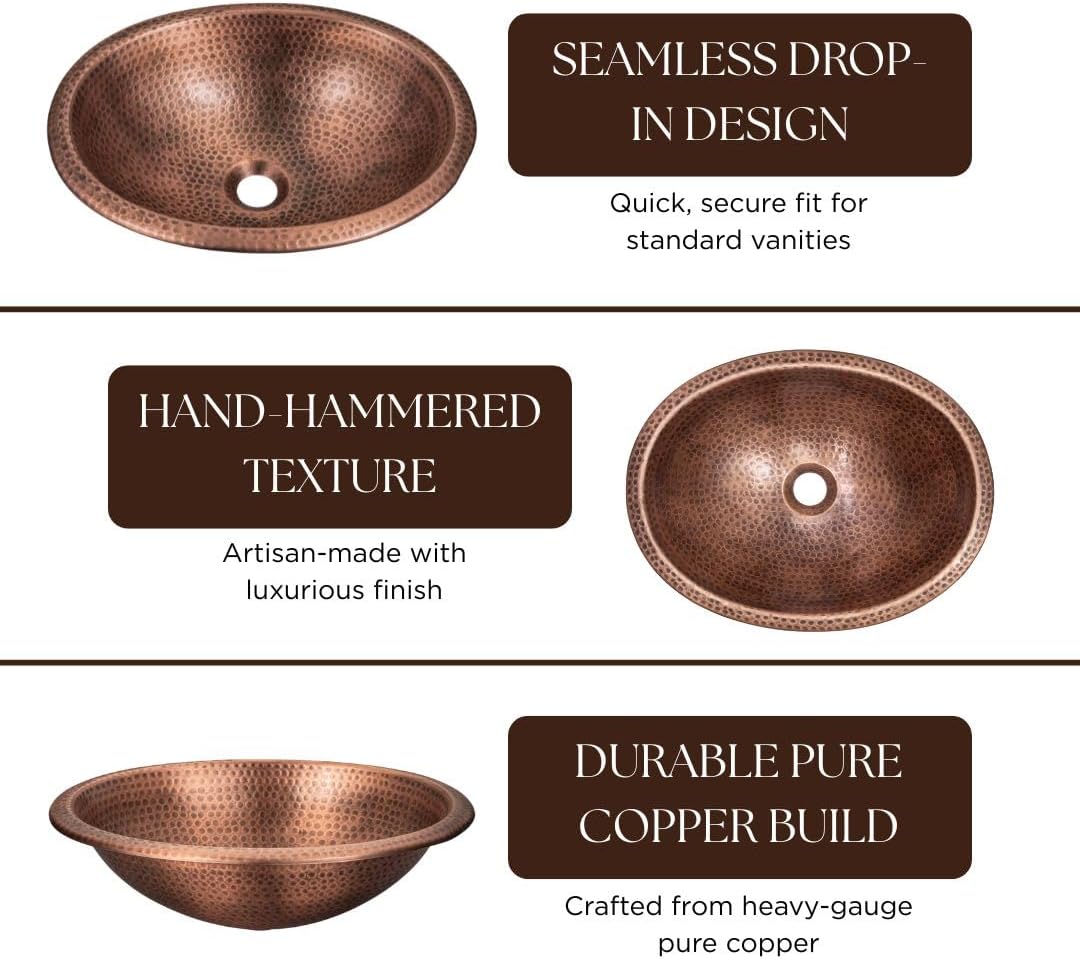 Monarch Abode Bathroom Sink – 17-Inch Oval Drop In Bathroom Sink, Top Mount Hand Hammered Pure Copper Vanity Sinks for Countertop, Powder Room, Guest Bath or Restroom, Drop in Sinks for Bathrooms