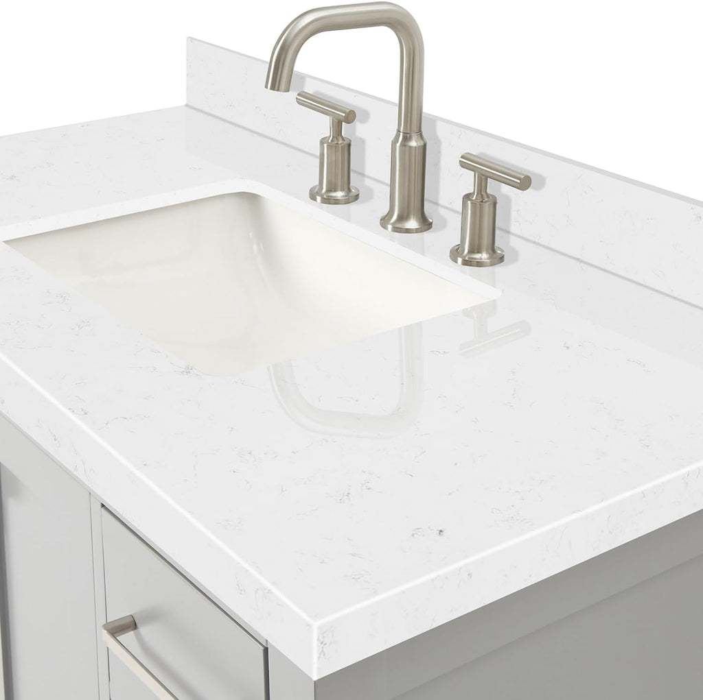 ARIEL Cambridge 42-inch Bathroom Vanity with Sink,Solid Wood, 1.5-inch Carrara White Quartz Countertop, Single Rectangular Porcelain Sink, 2 Soft Closing Doors, 9 Dovetail Drawers, Grey