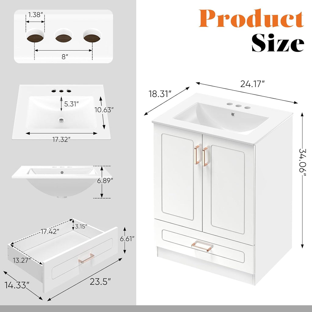 Sweetcrispy 24' Modern Bathroom Vanity with Ceramic Basin, Undermount Vanity Sink Cabinet with 2 Doors and 1 Drawer, Free Standing Bathroom Storage Cabinet with Sink Combo Set, Ivory