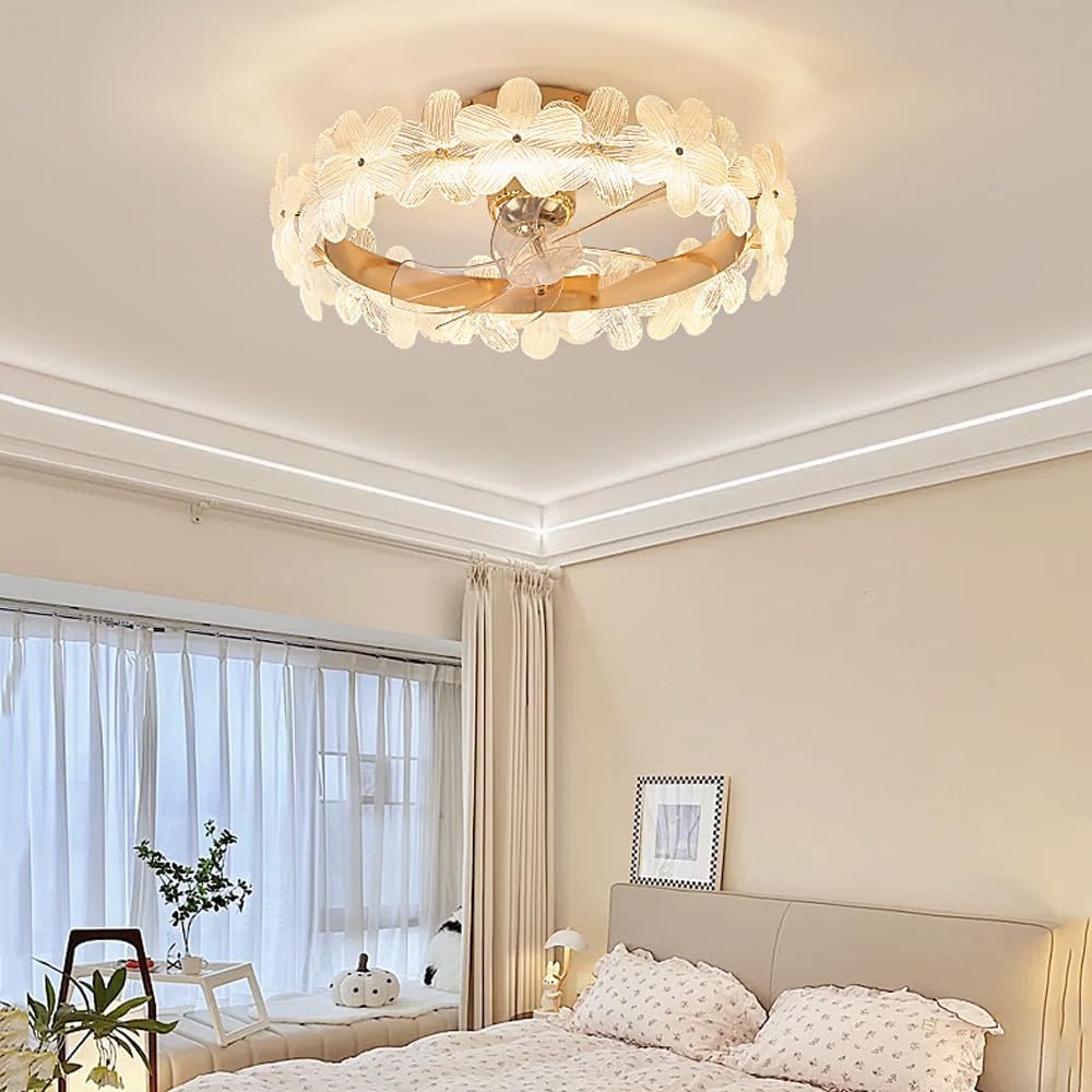 Glass Flower Ceiling Fan with Lights Remote Control 360° Rotating Ceiling Fan Light Invisible Reversible Blades Dimmable LED Fan Lamp for Girls Bedroom Kids Room Children Kitchen