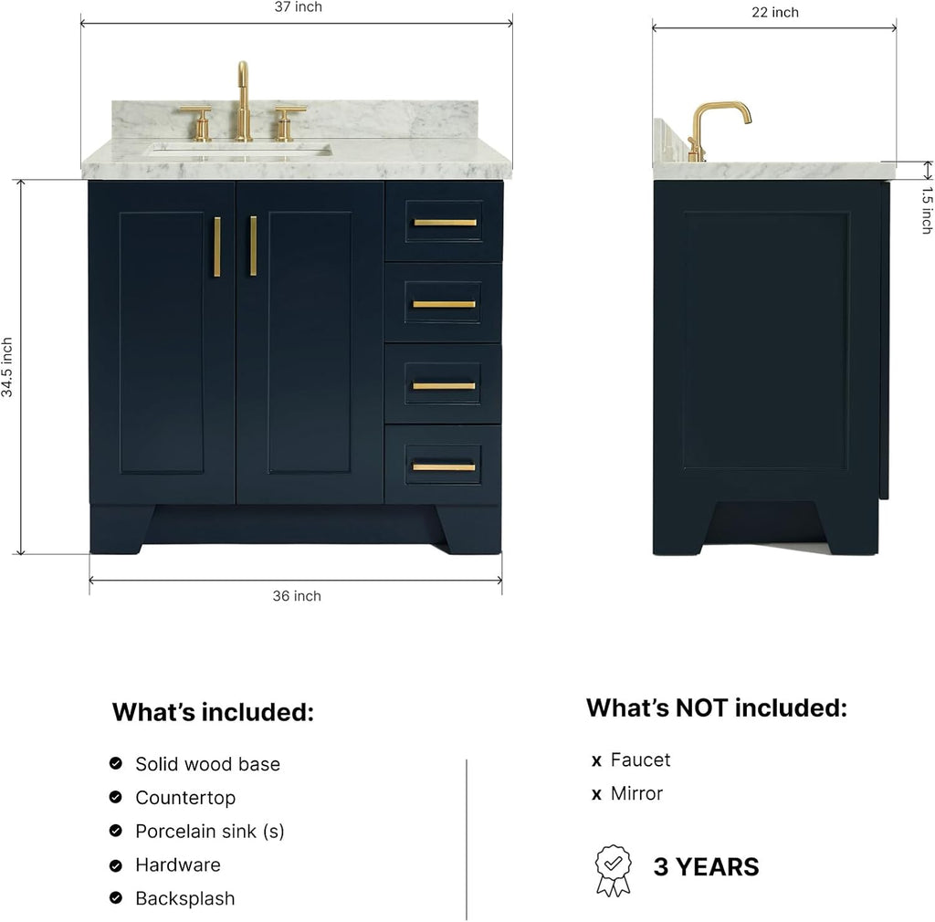 ARIEL Taylor 36-inch Bathroom Vanity with Sink,Solid Wood, 1.5-inch Italian Carrara Marble Countertop, Single Rectangular Porcelain Sink, 2 Soft Closing Doors, 5 Dovetail Drawers, Midnight Blue