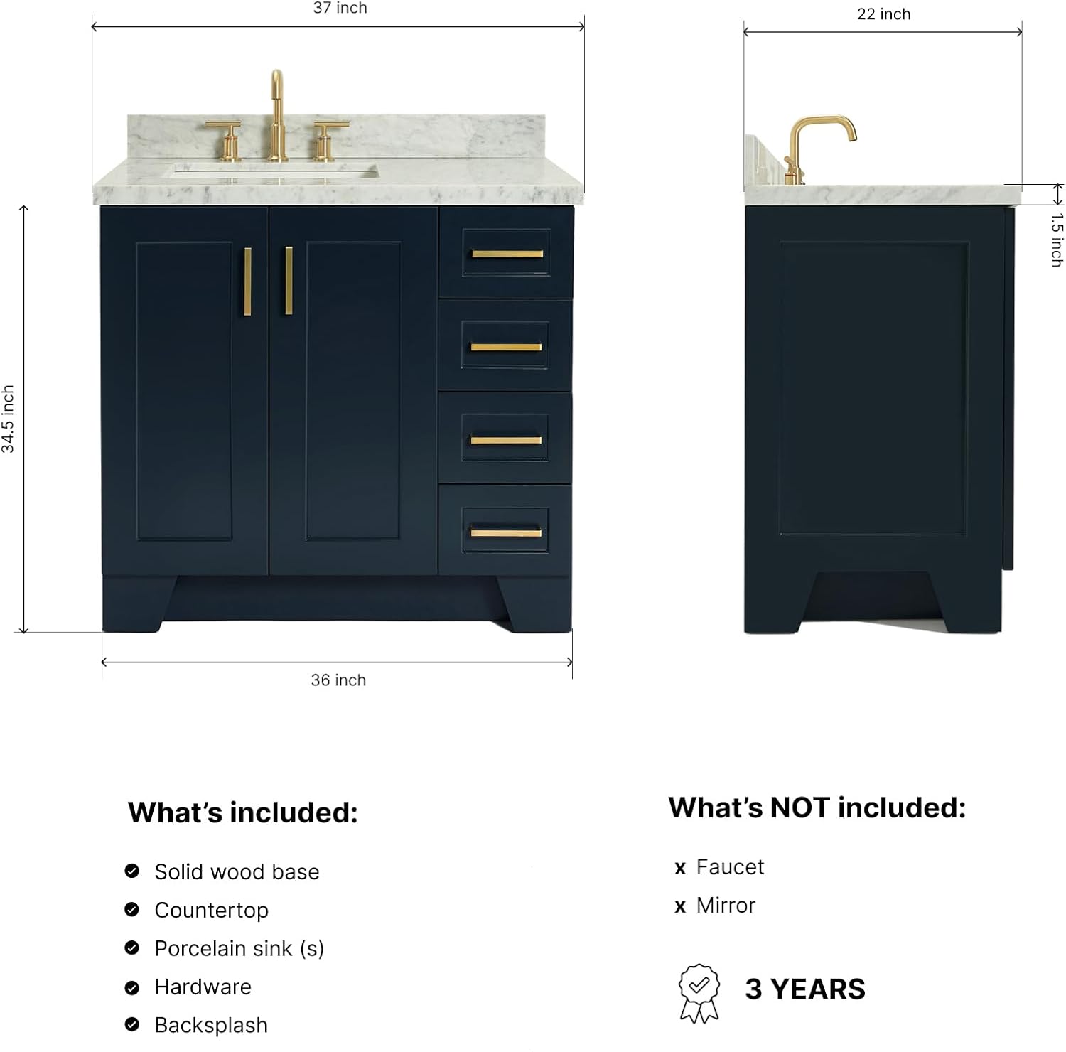 ARIEL Taylor 36-inch Bathroom Vanity with Sink,Solid Wood, 1.5-inch Italian Carrara Marble Countertop, Single Rectangular Porcelain Sink, 2 Soft Closing Doors, 5 Dovetail Drawers, Midnight Blue