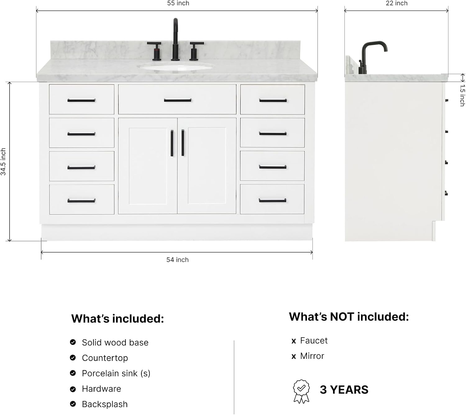 ARIEL Hepburn 54-inch Bathroom Vanity with Sink,Solid Wood, 1.5-inch Italian Carrara Marble Countertop & Backsplash, Single Oval Porcelain Sink, 2 Soft Closing Doors, 9 Dovetail Drawers, White