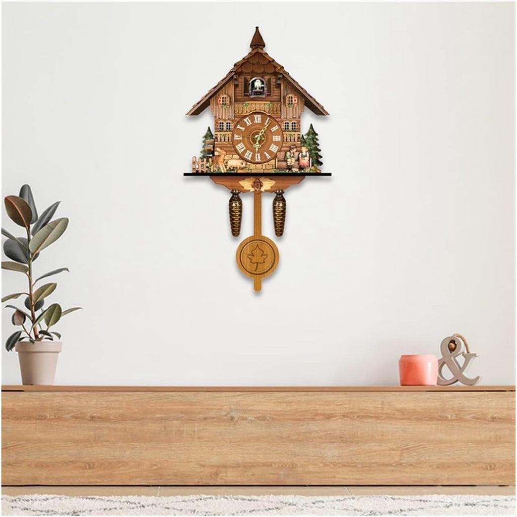 Retro Cuckoo Clock, Wooden Black Forest Style Wall Clock with Alarm, Hand-Carved Forest Animals & Figurines, Home Decor for Living Room, Bedroom, and Kids' Room – 25 x 10 x 46 cm