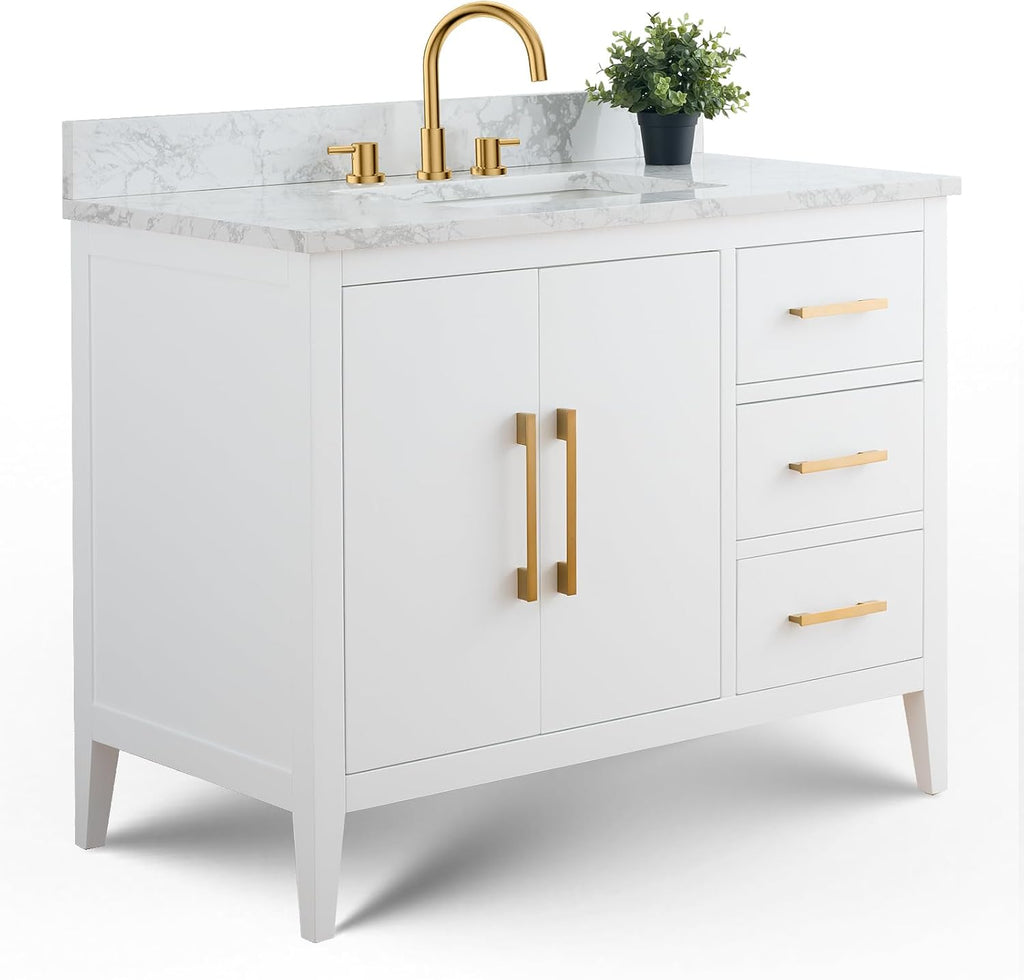 Vanity Art 42 inch Bathroom Vanity with Single Sink & Ceramic Top, Vanity Cabinet with Soft-Closing Doors, Drawers, Solid Wood Frame, White, Brushed Nickle Handware