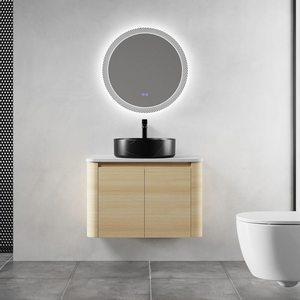 30 Inch Wall-Mounted Bathroom Vanity with Sink Combo Modern Floating Bathroom Vanitites with Round Ceramic Vessel Sink 30' Bathroom Sink Cabinet with Marble Counter Top & Soft Closing Door