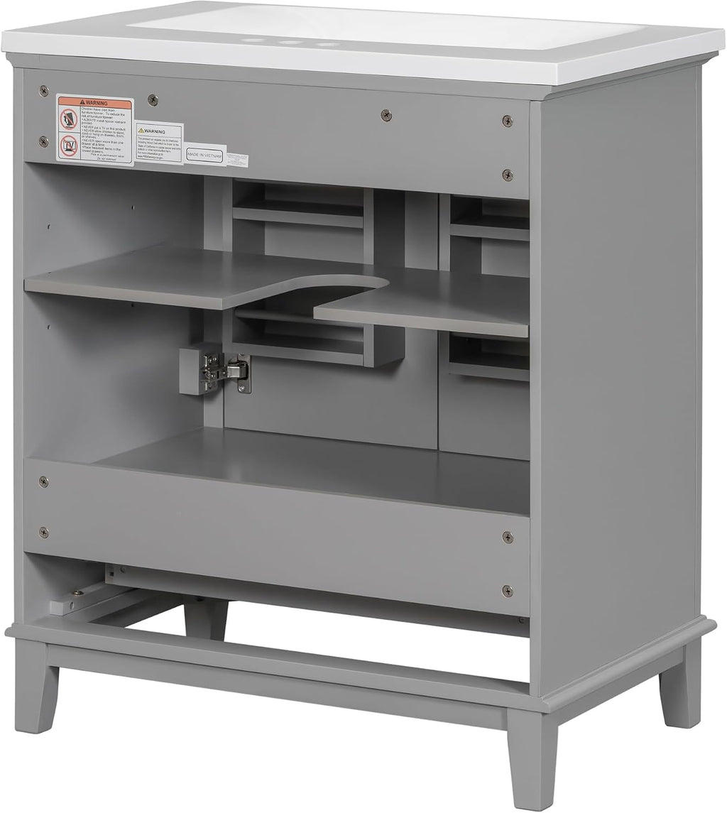 30' Bathroom Vanity Cabinet with Ceramic Sink Top Set, Multi-Functional Drawers and Storage Rack, Soft Closing Doors, Freestanding, Solid Wood Frame & MDF Board, Grey