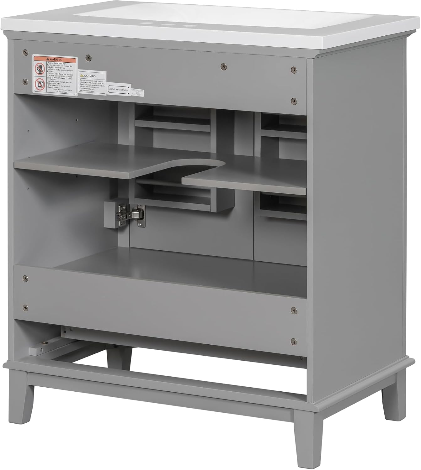 30' Bathroom Vanity Cabinet with Ceramic Sink Top Set, Multi-Functional Drawers and Storage Rack, Soft Closing Doors, Freestanding, Solid Wood Frame & MDF Board, Grey