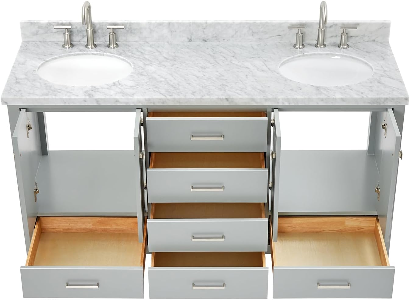 ARIEL Cambridge 66-inch Bathroom Vanity with Sink,Solid Wood, 1.5-inch Italian Carrara Marble Countertop & Backsplash, Double Oval Porcelain Sink, 4 Soft Closing Doors, 6 Dovetail Drawers, Grey