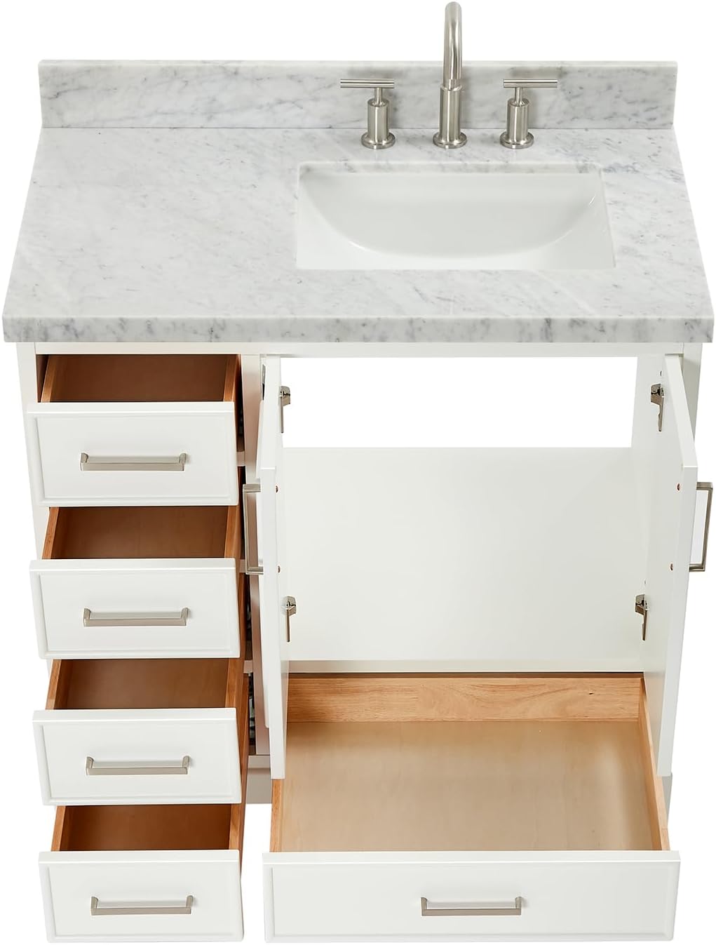 ARIEL Stafford 36-inch Bathroom Vanity with Sink,Solid Wood, 1.5-inch Italian Carrara Marble Countertop, Single Rectangular Porcelain Sink, 2 Soft Closing Doors, 5 Dovetail Drawers, White
