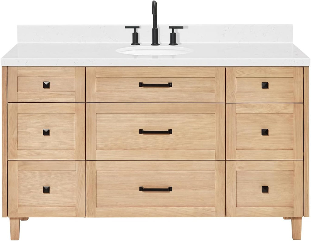 ARIEL Monroe 60-inch Bathroom Vanity with Sink,Solid Wood, 1.5-inch Carrara White Quartz Countertop, Single Oval Porcelain Sink, Dovetail Drawers, White Oak